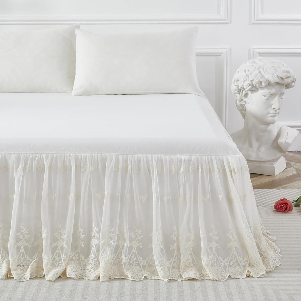 Luxury Ivory White Lace Bed Skirt Queen Size Split Corners Romantic Vintage Girls Bed Cover Dust Ruffle Bed Skirts 18