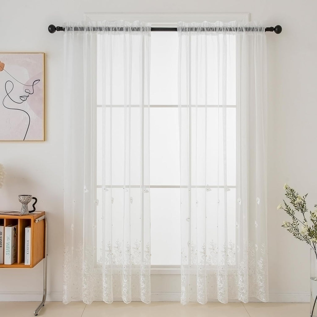 White Sheer Voile Curtains, Decorative White Embossed Butterflies Rod Pocket Window Drapes for Home Kitchen, Living