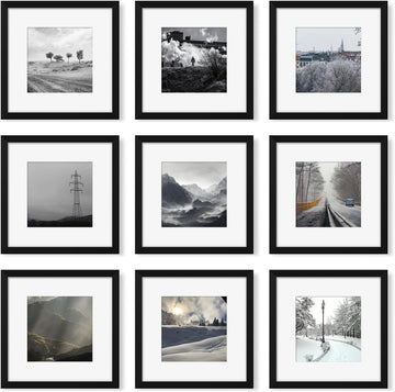 12x12 Picture Frame Set of 9, Photo Gallery Wall Frame Set, Display Pictures 8x8 with Mat or 12 x 12 Without Mat