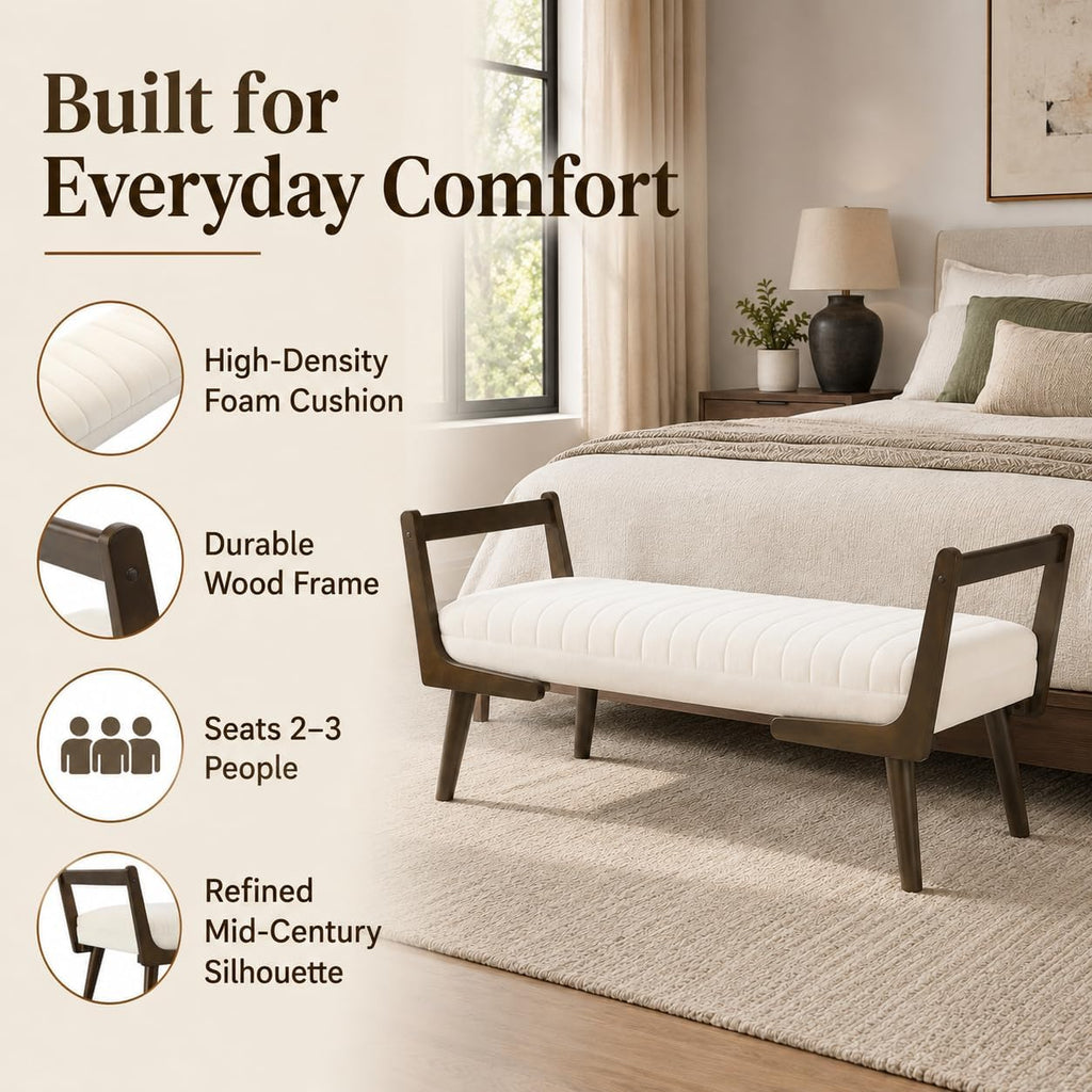 52" Upholstered Bench, Beige Chenille, Walnut Legs | Mid-century modern ottoman with high-resilience foam, sturdy