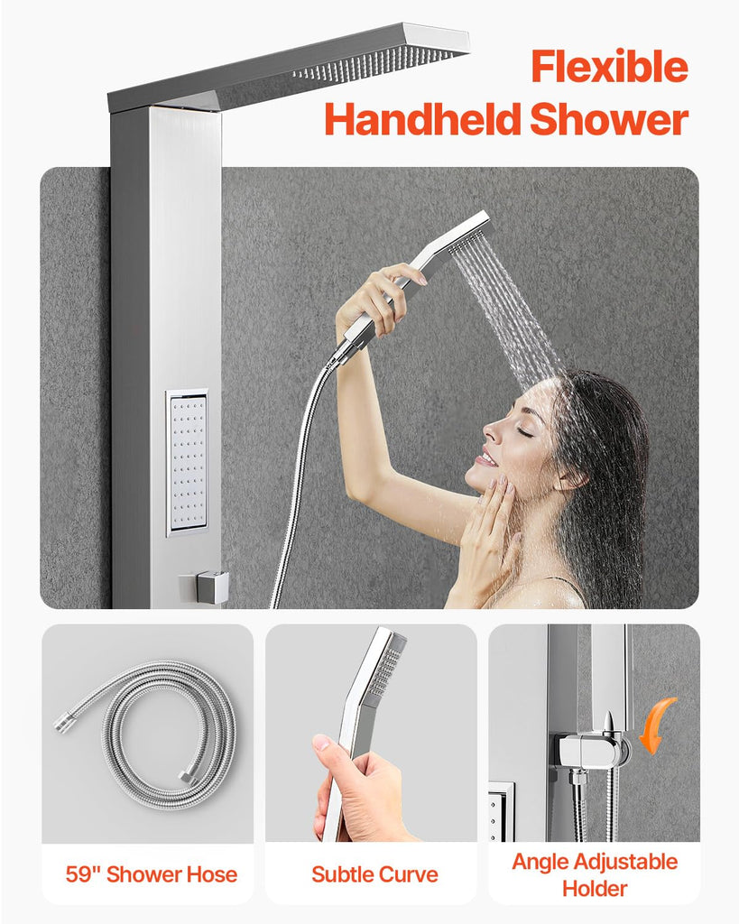 Shower Panel Tower System with Rainfall Shower Head, 53 in Brushed Stainless Steel Shower Column, 3-Function Faucet