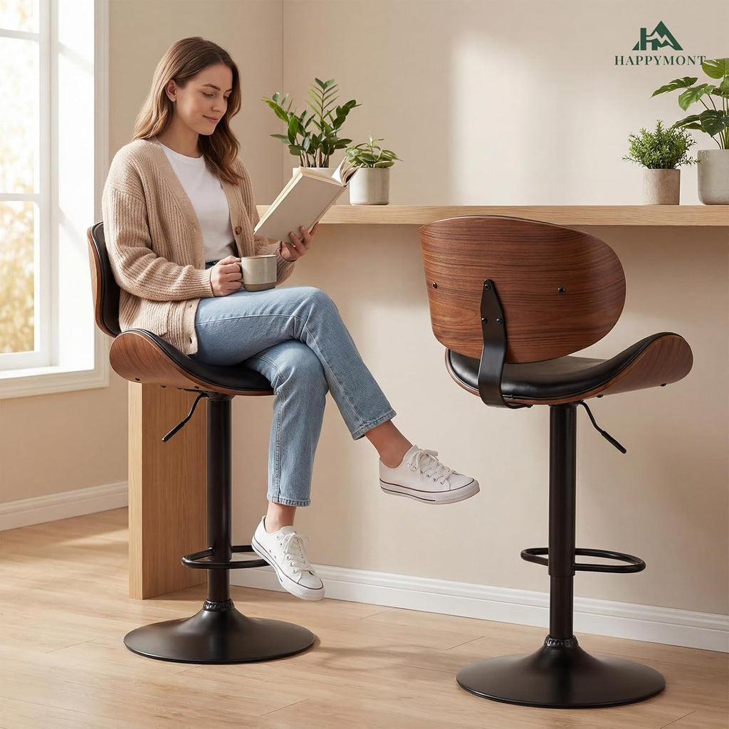Swivel Bar Stools Set of 4 with Removable Back, Adjustable Height 37-45 Inch Bentwood Barstools, PU Leather