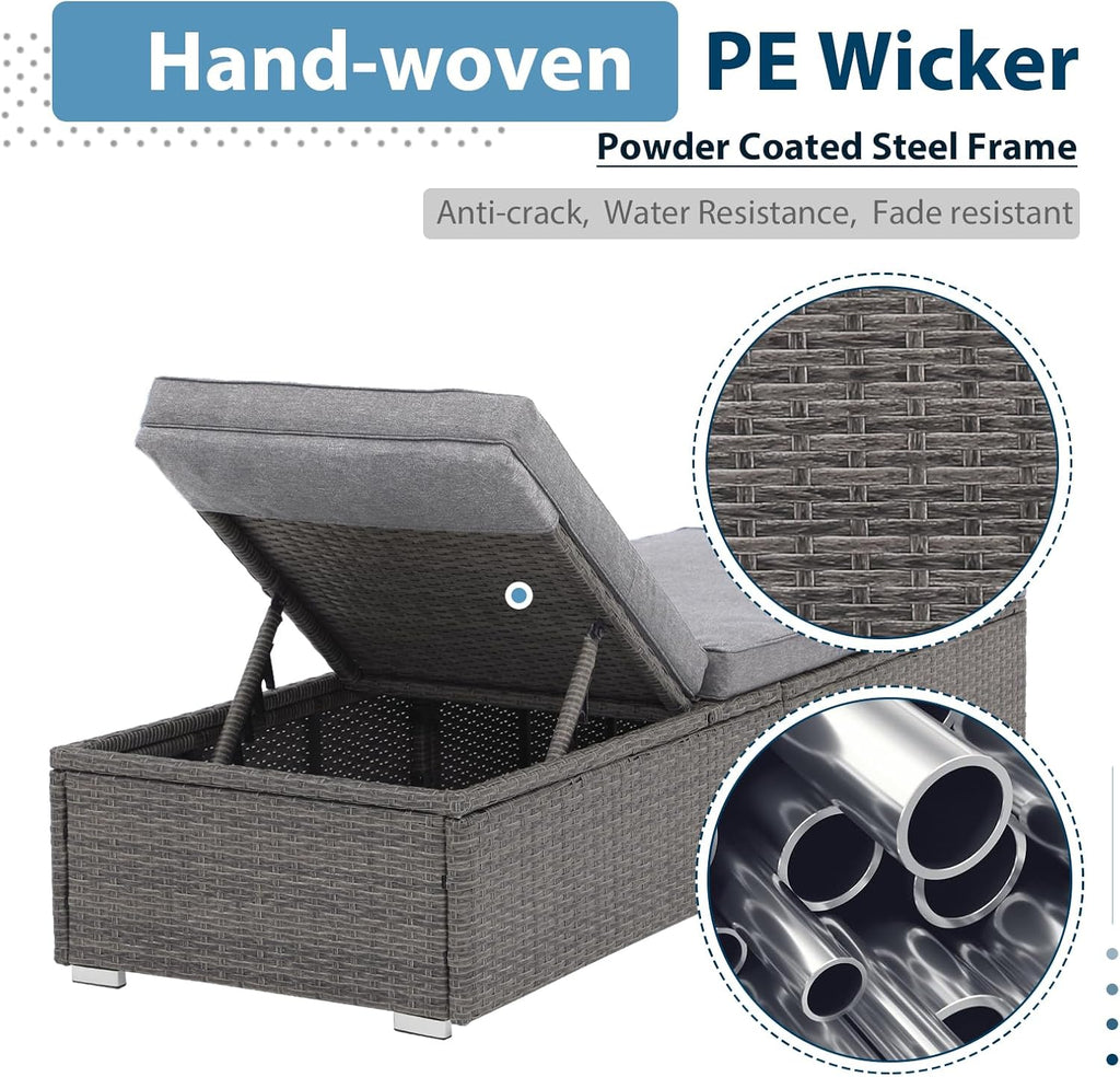 Outdoor Chaise Lounge Chair with Adjustable Backrest, 1 Piece, Gray | All-Weather PE Wicker Patio Pool Lounge Chairs