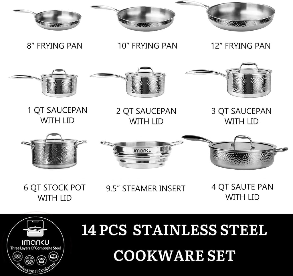 14-Piece Tri-Ply Hammered Stainless Steel Cookware Set | Multifunctional 14pc Pots and Pans with Steamer | Non-Toxic