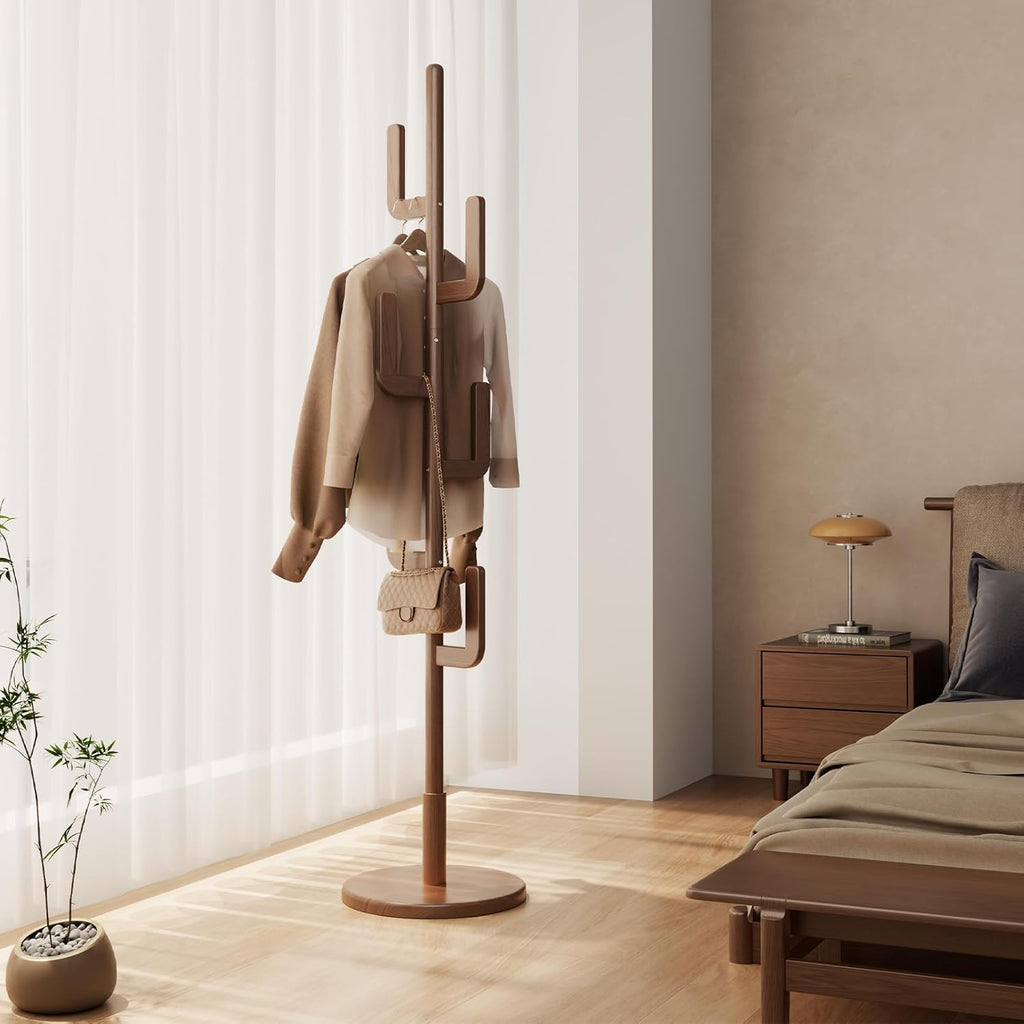 Solid Wood Cactus Coat Rack, Freestanding Coat Rack With 6 L-Shaped Hooks and 3 Adjustable Sizes, Coat Tree , Coat