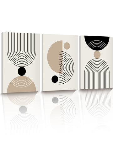 Abstract Geometric Wall Art Set of 3, 30x40CM Minimalist Line Framed Canvas Prints, Boho Modern Neutral Beige Black