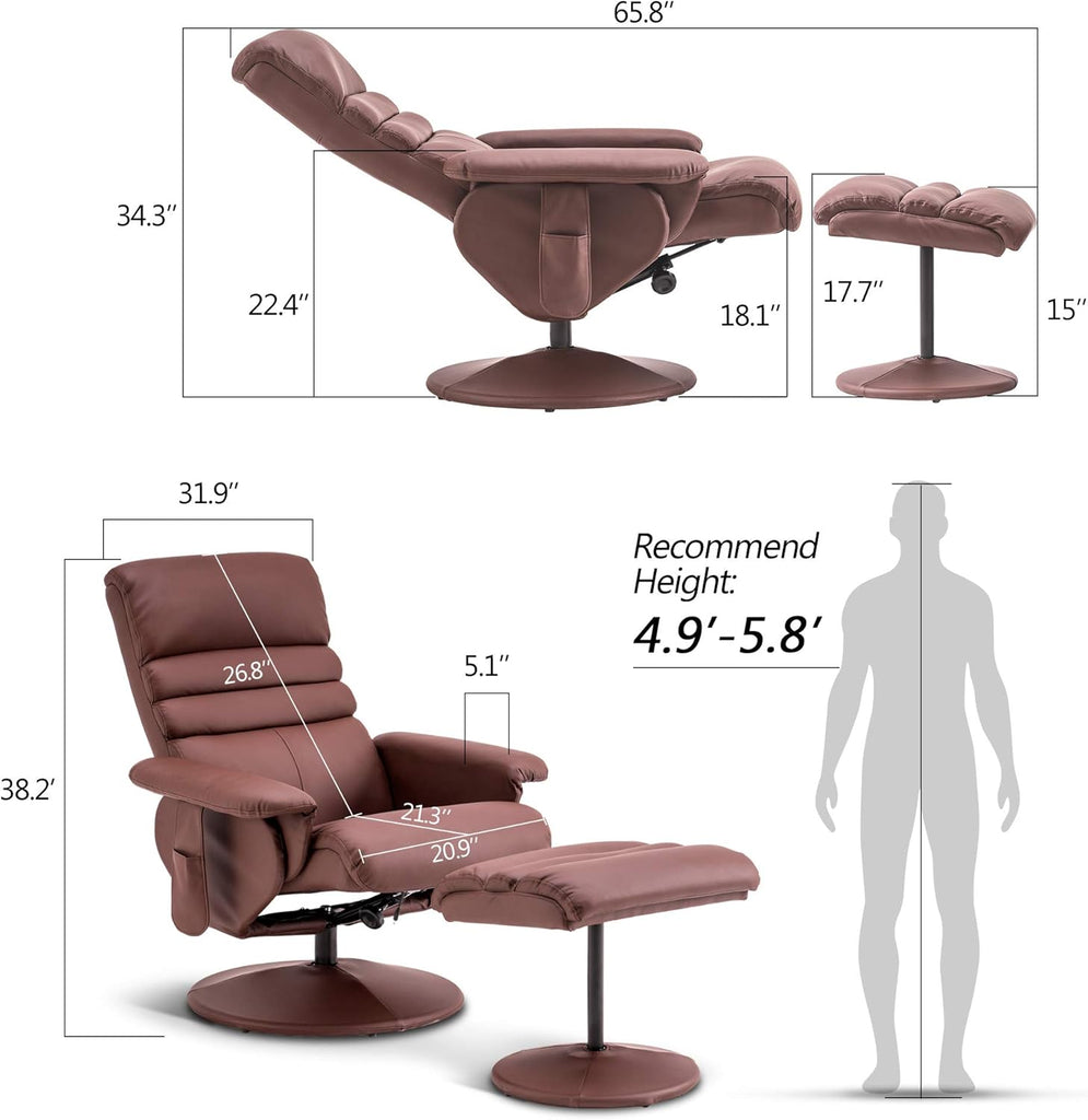 Modern Reclining Swivel Lounge Chair and Ottoman — Brown Faux Leather