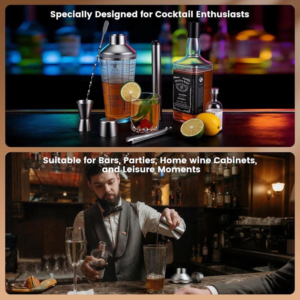 Glass Cocktail Shaker Set, 23oz Bartender Kit with Built-in Strainer, Ice Tongs, Measuring Jigger, Muddler & - Set of 3