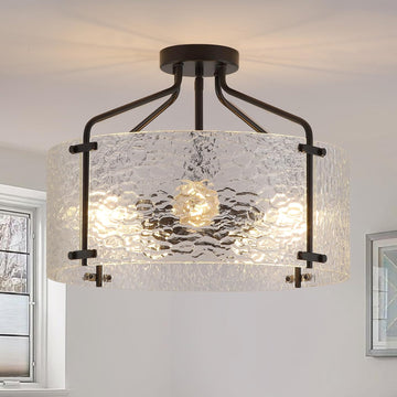 Semi Flush Mount Ceiling Light Fixture,Glass Drum Kitchen Lighting Fixtures Ceiling,18''Black Modern Light Fixture