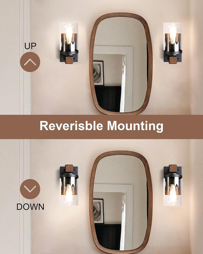 1-Light Wall Sconces Set of 2, Farmhouse Bathroom Vanity Light Fixtures, Wood Grain Black Wall Mount Light with Clear