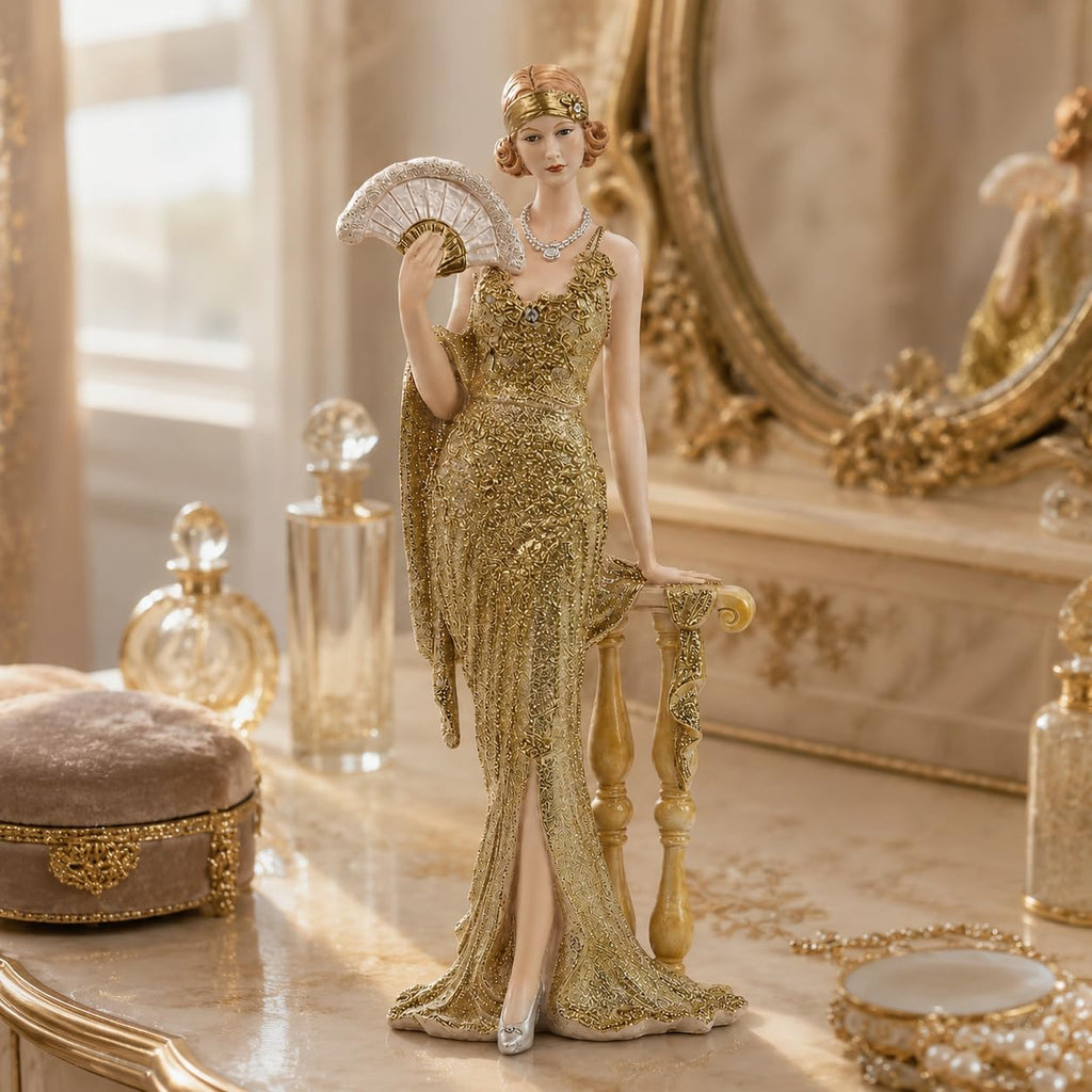 13 Inch Victorian Lady Figurine, Art Deco Fan Statue