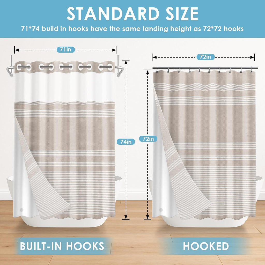 No Hook Shower Curtain with Snap in Fabric Liner Set, Striped Beige Waffle Weave Ombre Heavy Duty Bathroom Curtain