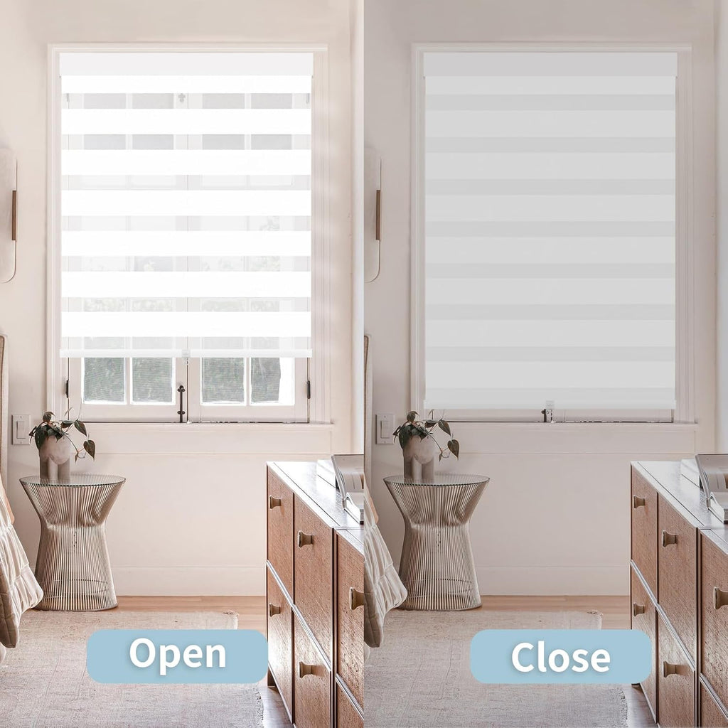 Cordless Zebra Blinds for Windows (22" W X 72" H, White) Free-Stop Zebra Roller Shades Dual Layer Light Filtering