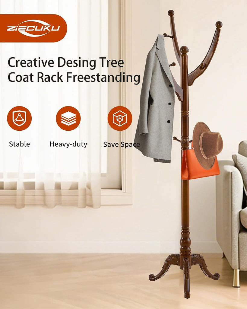 Wooden Coat Rack Freestanding, Solid Wood Coat Rack Stand with 13 Hooks, Mid-Century Modern Heavy Duty Coat