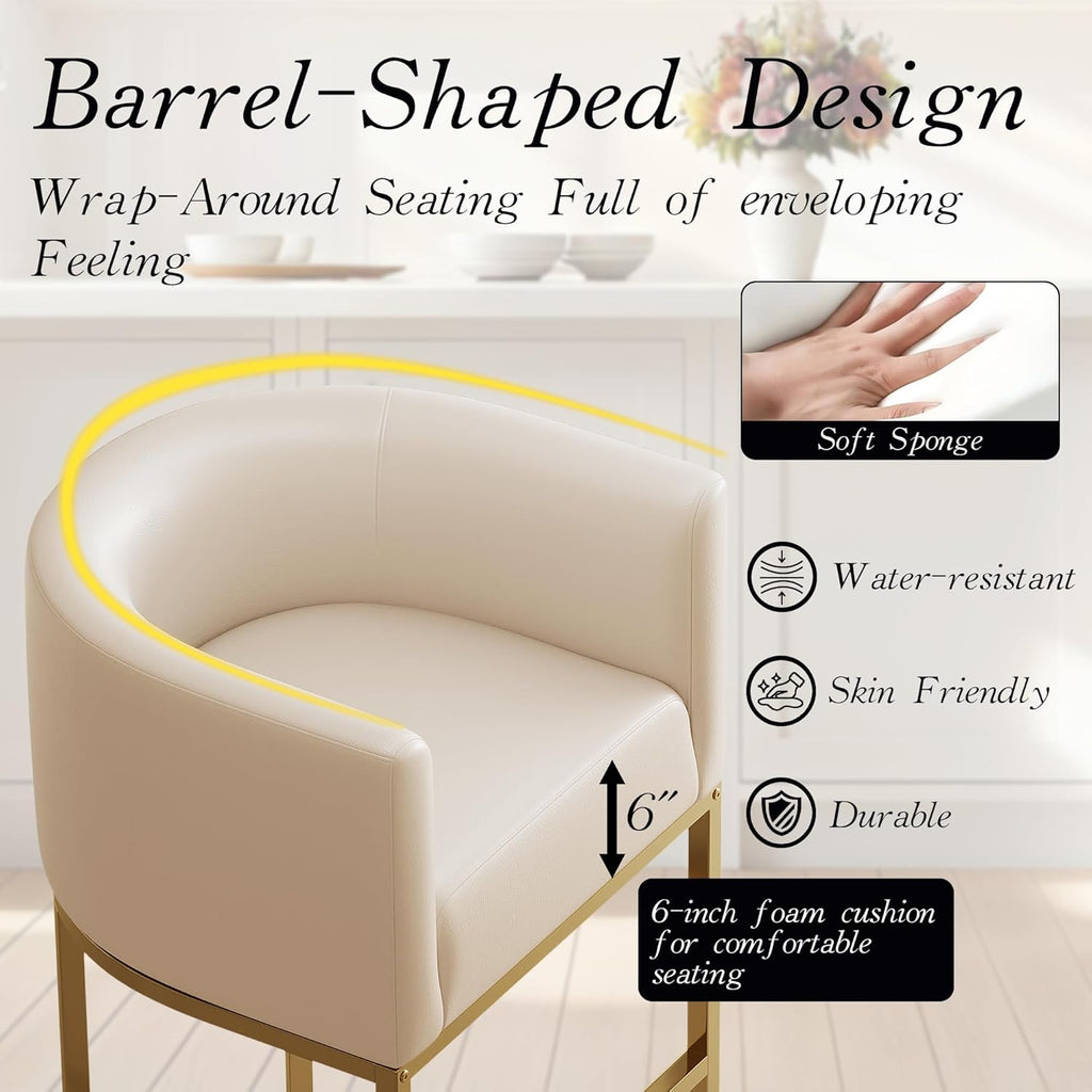 Modern Counter Height Bar Stools,Bar Stools Set of 4,PU Leather Upholstered Barrel Barstools with Backs,26''