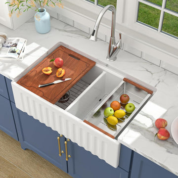 33 Inch White Farmhouse Kitchen Sink Workstation Fireclay | Double Bowl Farmer house Apron Front Sink 50/50