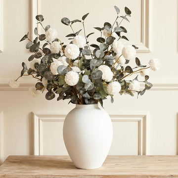 White Artificial Flowers & Greenery With Vase, Faux Floral Arrangement Centerpiece for Dining Table, Realistic Silk