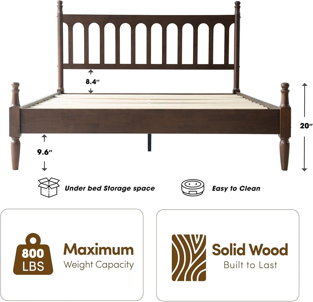 Queen Bed Frame with Headboard & Footboard, Solid Wood Platform Bed, Centre Metal Legs,12 Heavy-Duty Slatted Base, No