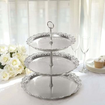 3-Tier Silver Cupcake Stand Lace Cut Scalloped Edge Dessert Tower, Decorative Baby Shower Pastry Display - 15" Tall - Set of 3