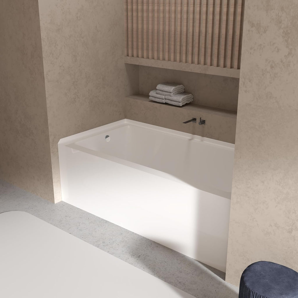 60" X 32" Acrylic Drop-in Bathtub, Glossy White Soaking Tub with Storage Ledge, Left Drain & Integral Flange