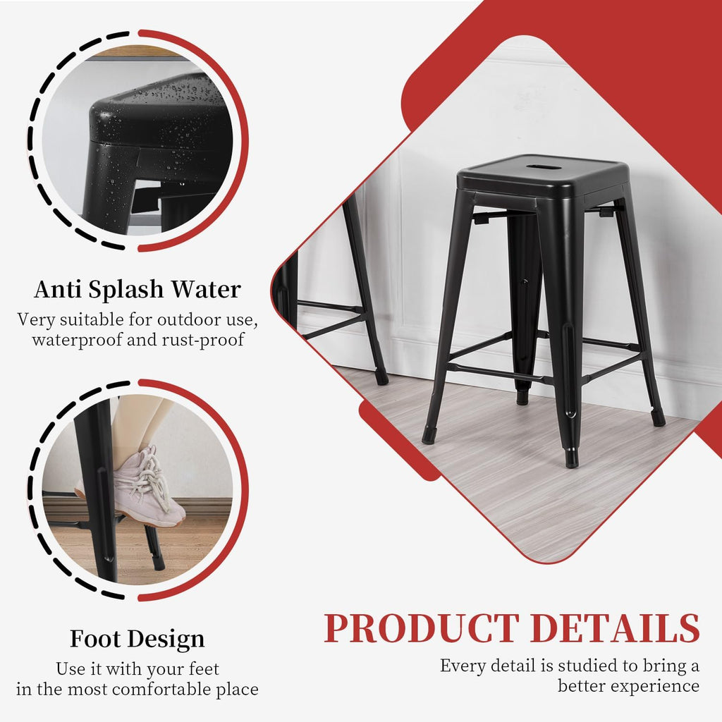 Metal Bar Stools Set of 4 Counter Height Bar Stools 24 Inches Industrial Bar Chairs Patio Stool Stackable Backless