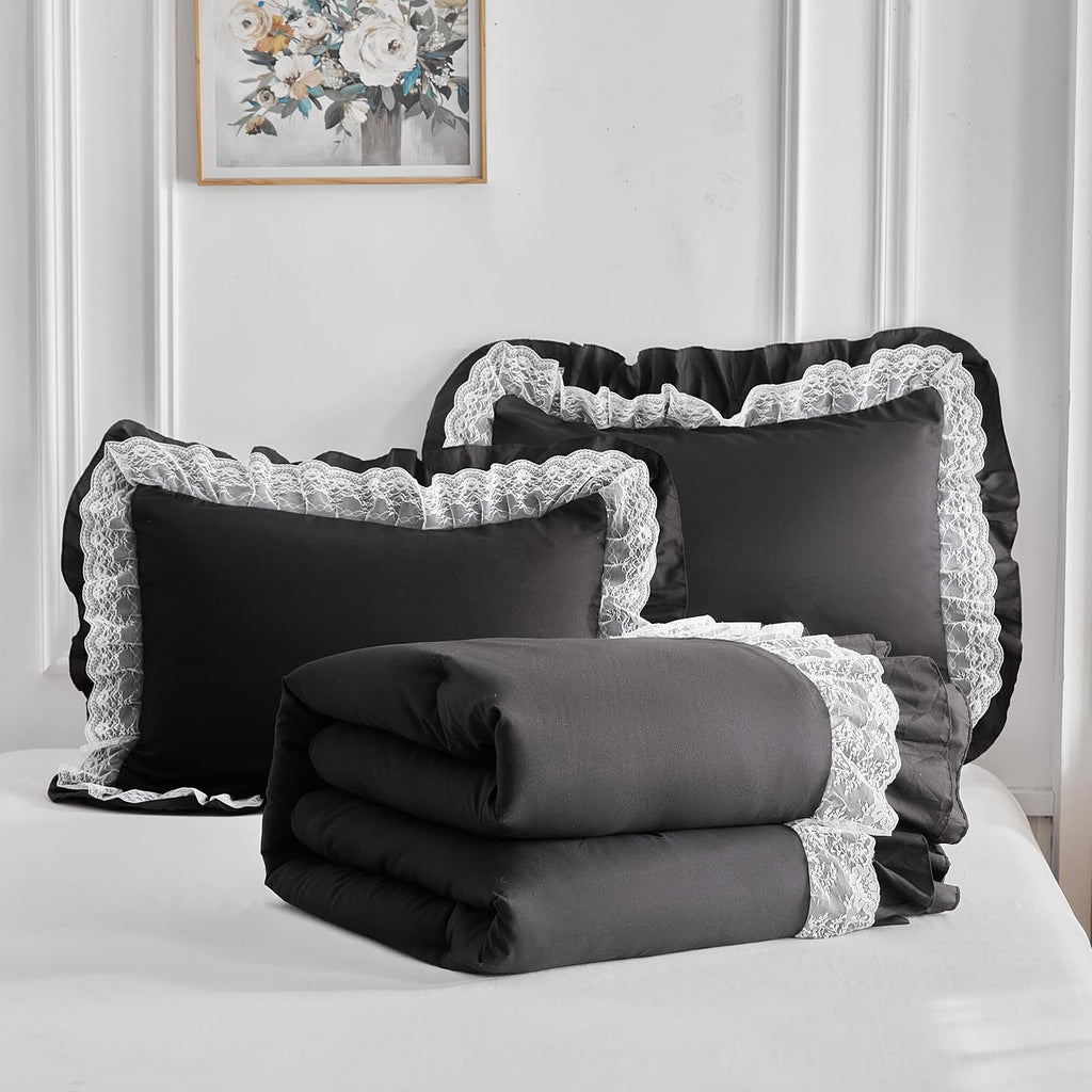 Queen Size Comforter Set Black, 3pcs Lace Ruffled Bedding Comforter Set, Microfiber Vintage Gothic Boho Chic Bedding