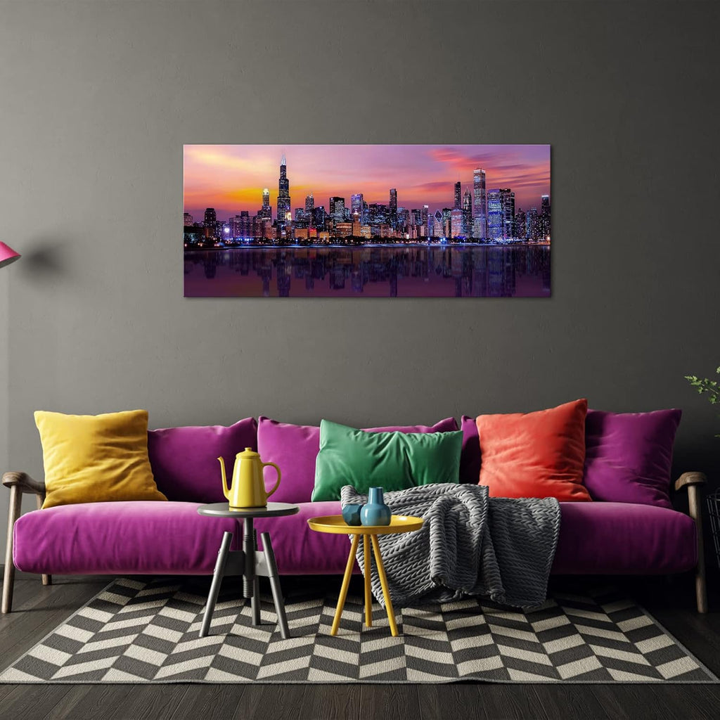 Large Chicago Canvas Modern City Skyline Wall Art Downtown Night Picture Prints Ready To Hang 20"X48"