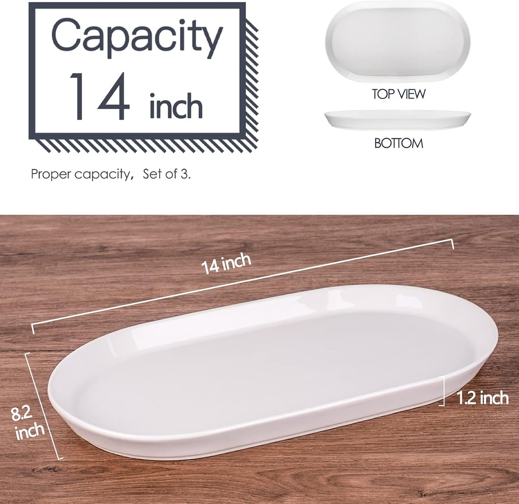 14" Oval Serving Platter Set of 3 - Ceramic Large White Platters for Entertaining Party, Serving Plates for Turkey
