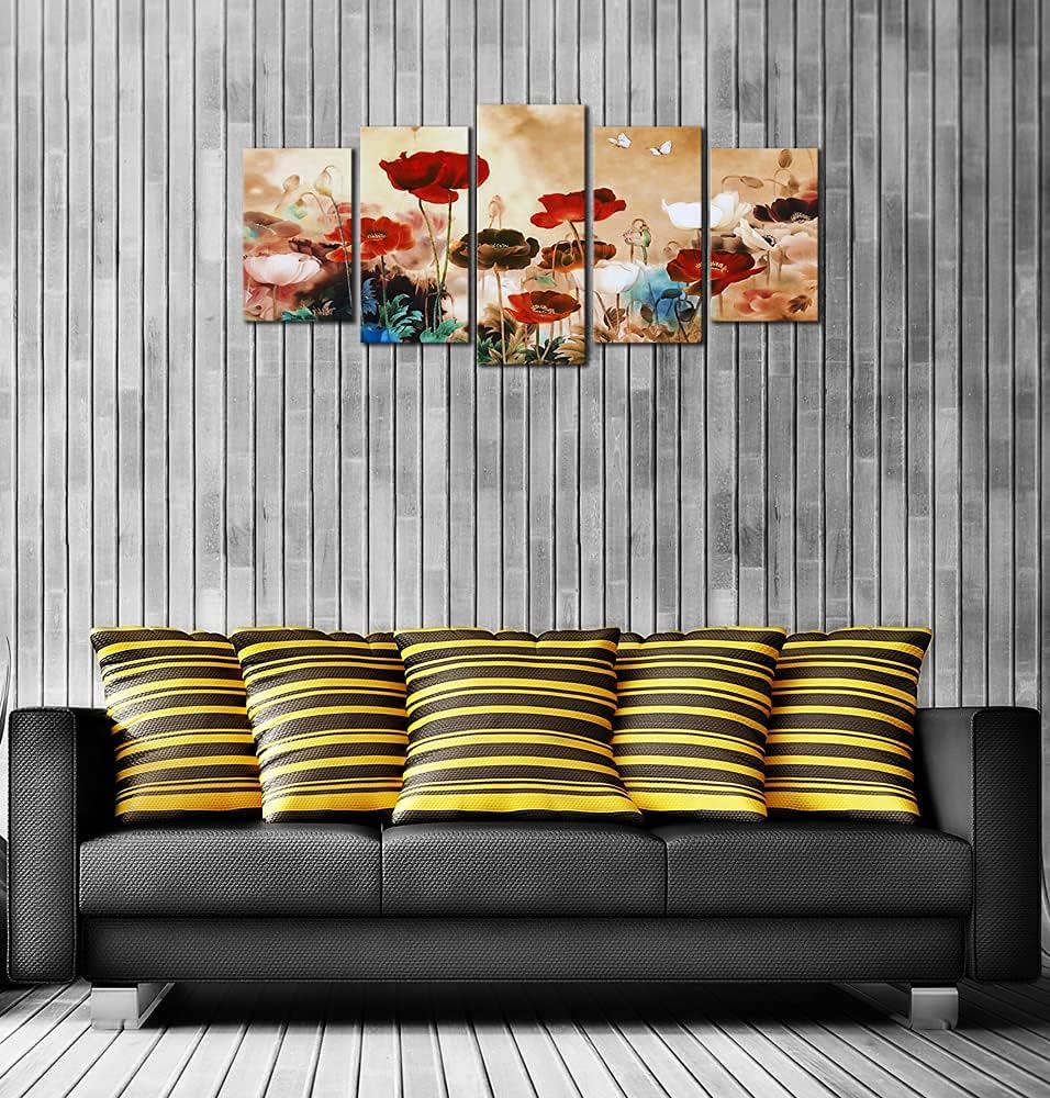 Blooming Poppies 5 Piece Canvas Prints Wall Art Colorful Floral Pictures Paintings Home Decorations Modern Stretched