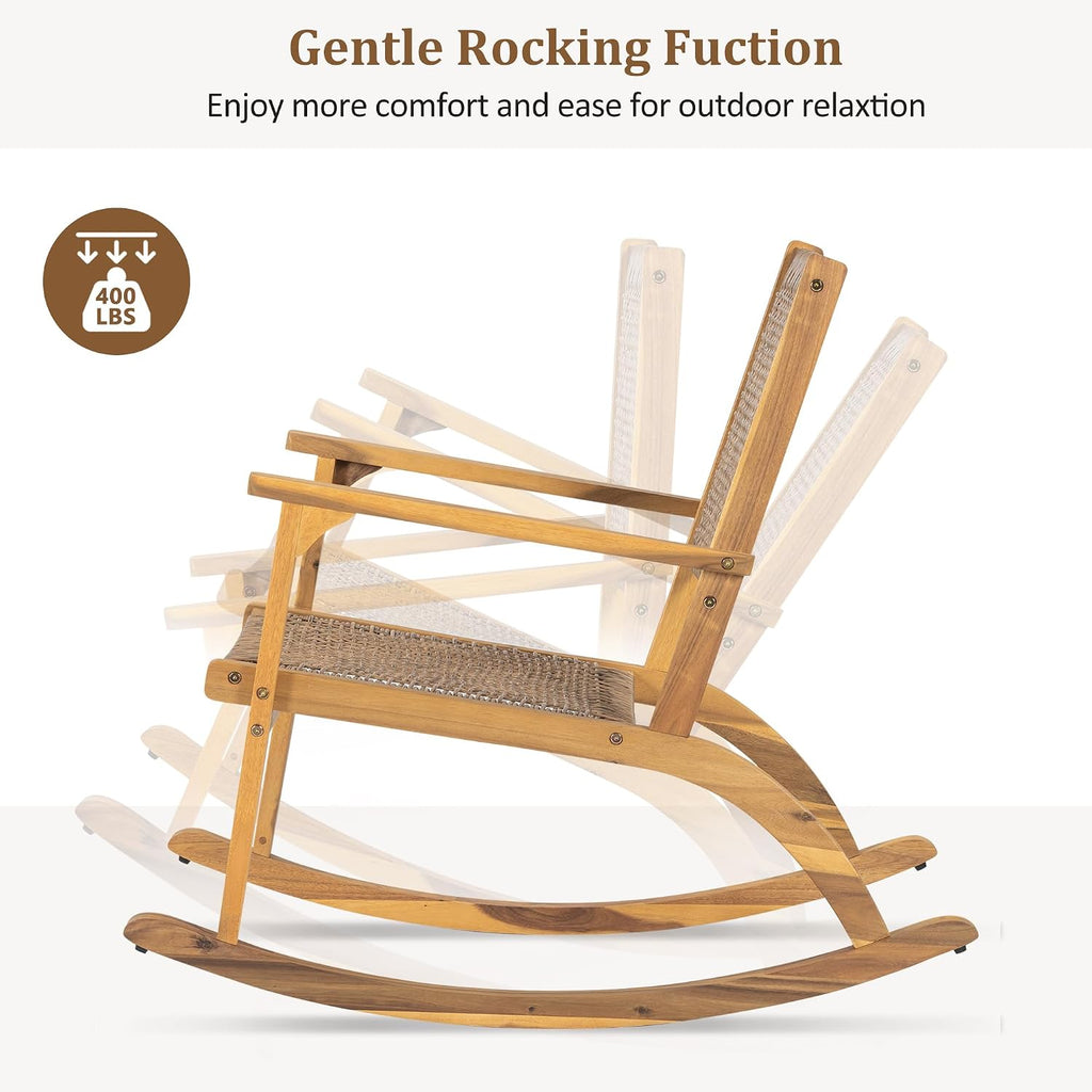 Acacia Wood Outdoor Rocking Chair Set of 2, Natural Wicker Outdoor Rockers with Wicker Rattan Seat & Backrest, 400