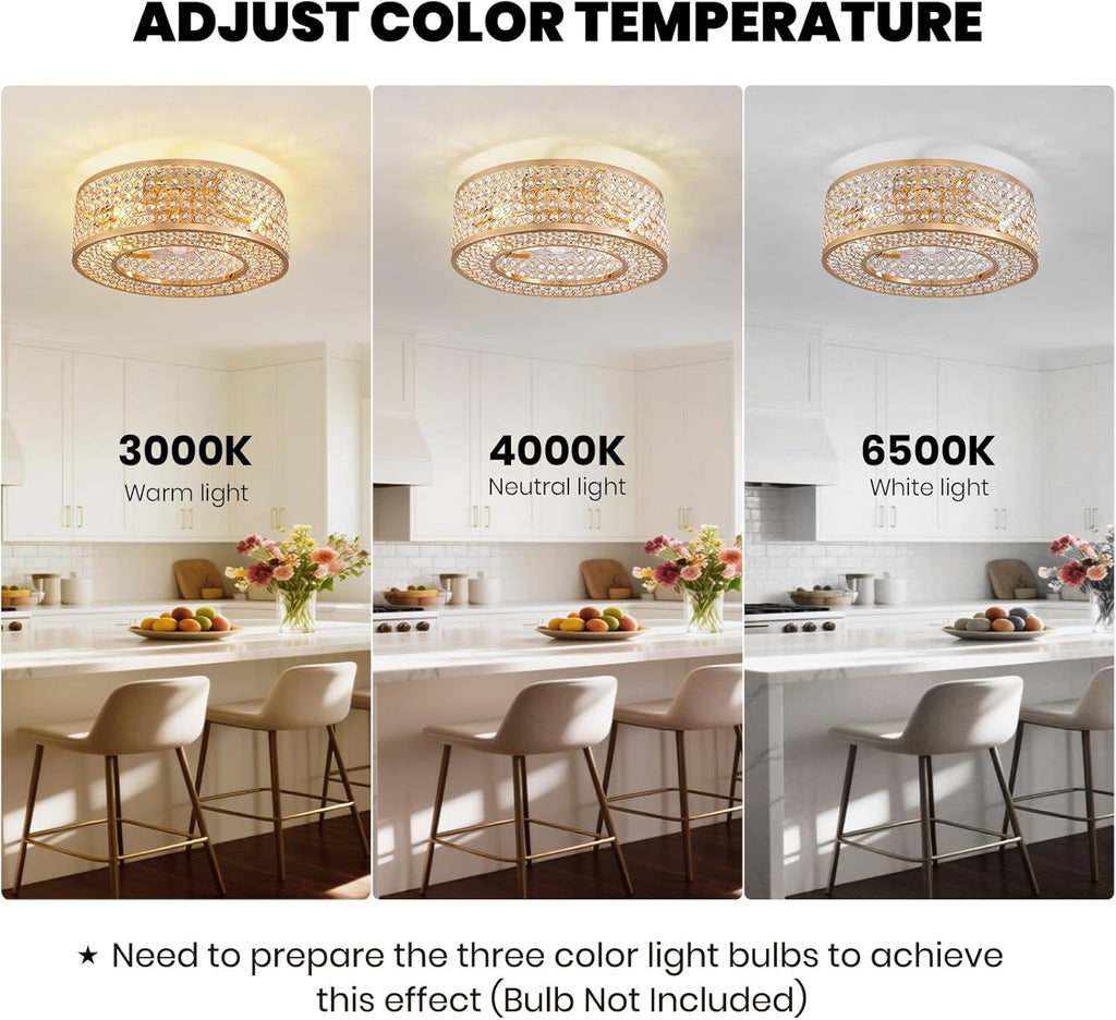 20" Caged Crystal Ceiling Fan with Lights Flush Mount Gold Fandelier Low Profile Chandelier Fan Enclosed Ceiling Fan