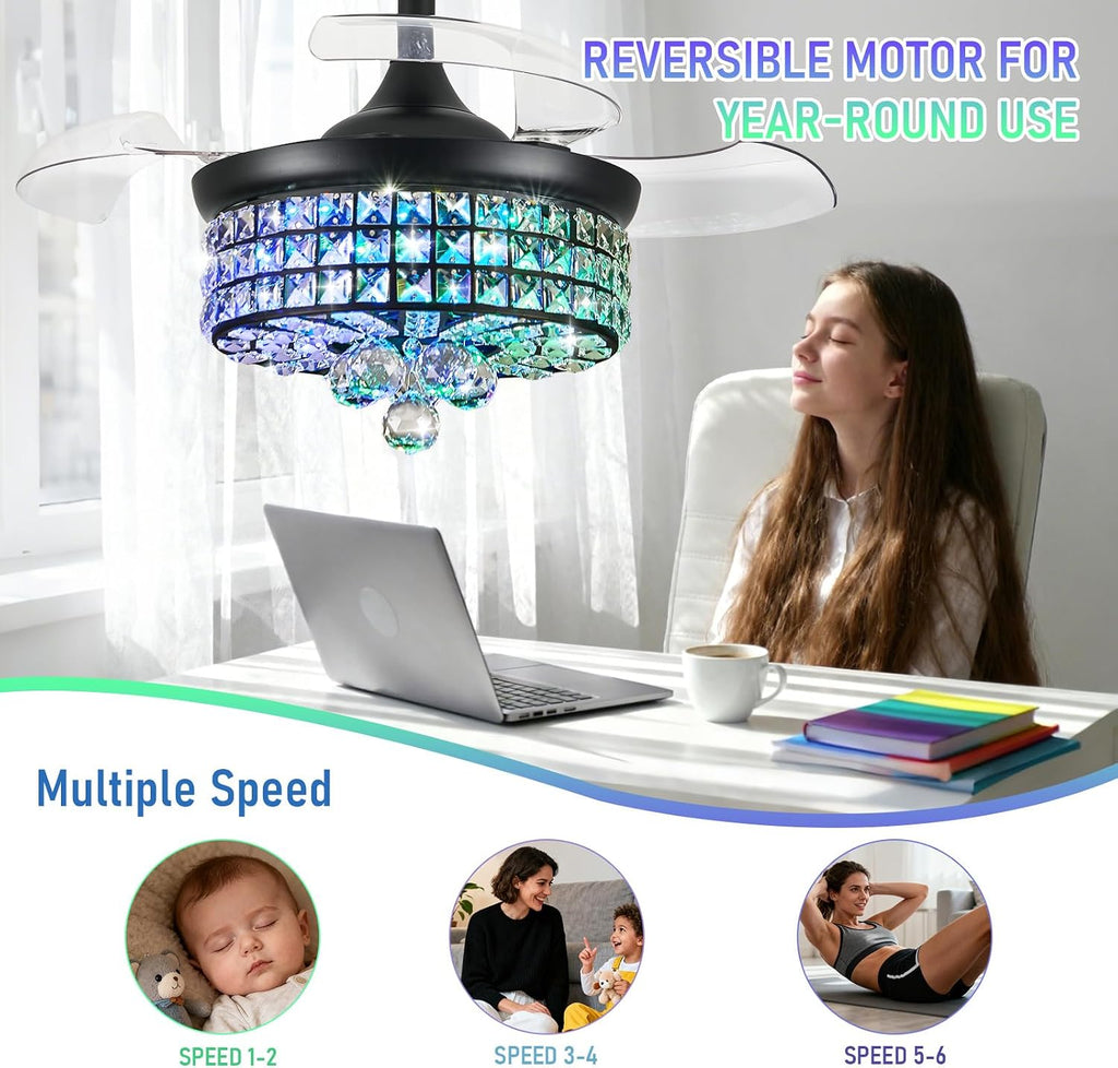 30" RGB Crystal Ceiling Fan with Light, Retractable Modern Chandelier Fan 6 Speeds Reversible Blades Black