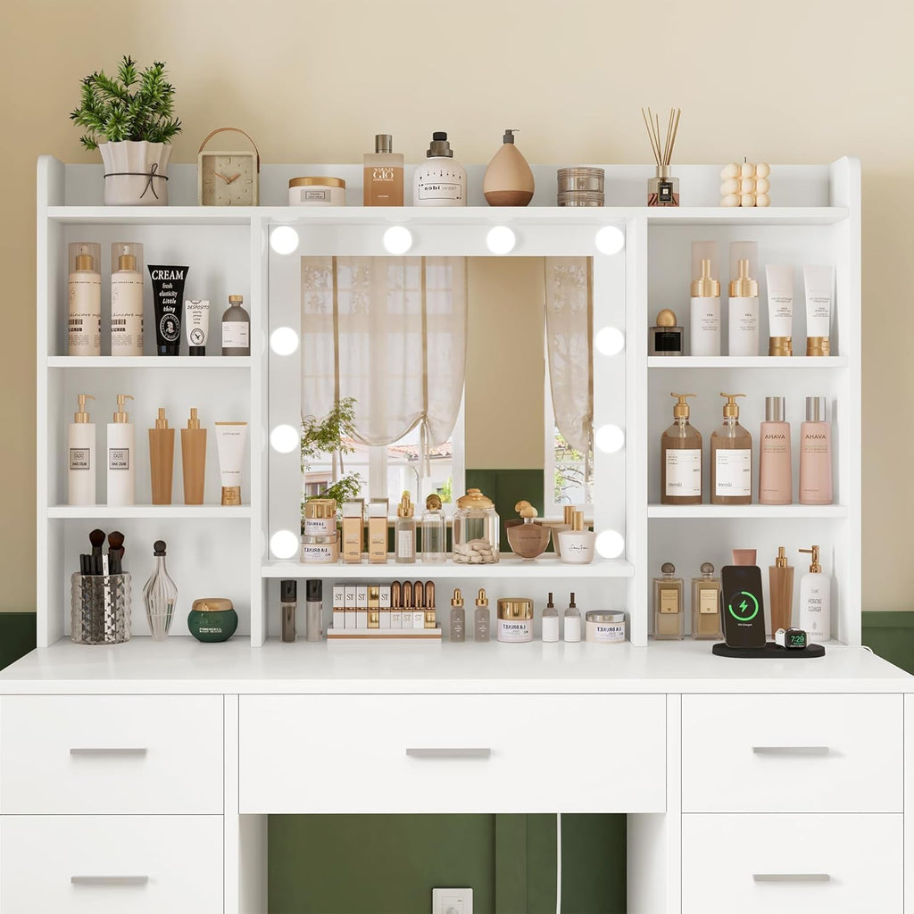 Vanity Desk with Mirror and Lights, Power Outlet, Makeup Vanity with 9 Drawers & 6 Open Storage Shelves, 3 Lighting