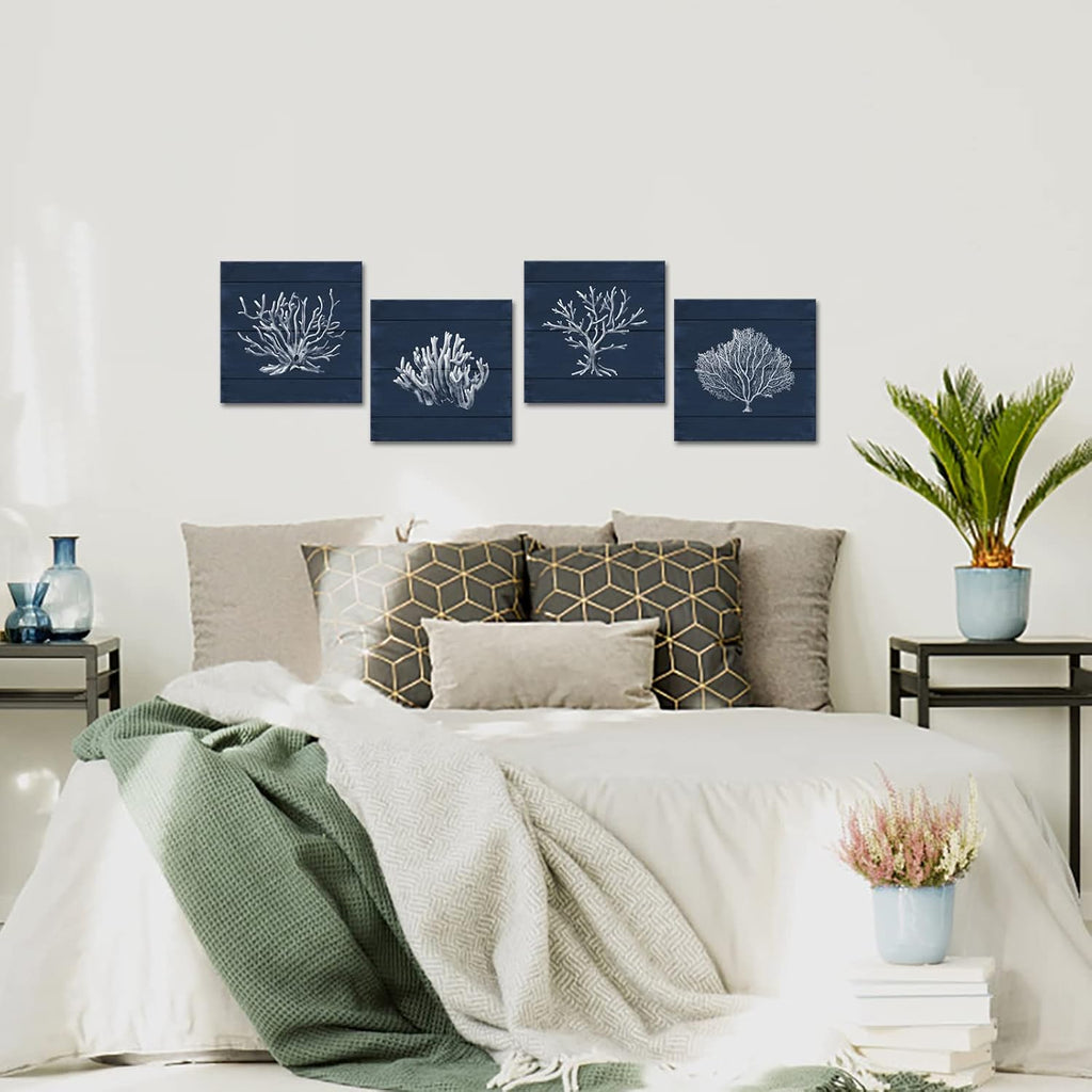 Coral Canvas Wall Art Prints Ocean Navy Blue Coastal Artwork Beach Home Decor Picture Framed Ready to Hang 12"x12"x4