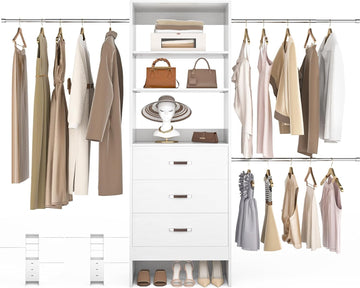 96'' Closet Organizer System with 3 Hanging Rods, 8FT Closet Organizers and Storage with 3 Wooden Drawers, Built in