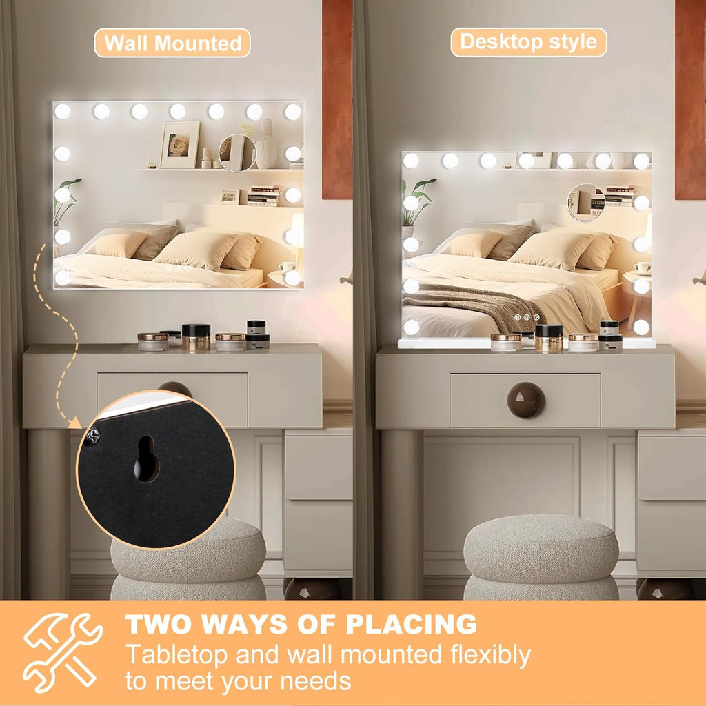 Vanity Mirror with Lights, Hollywood Lighted Makeup Mirror with 15 Dimmable Bulbs and 10X Magnification, 3 Colors