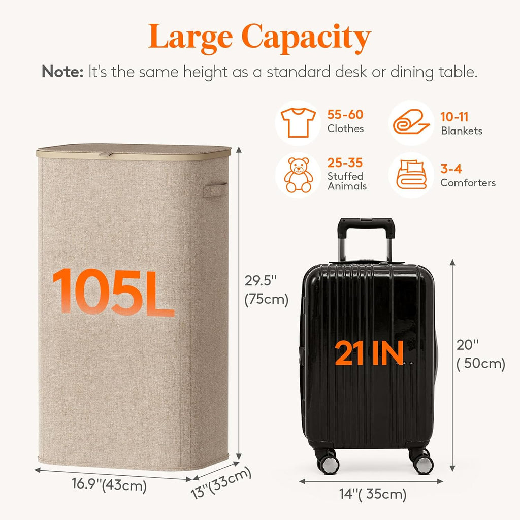 105L Large Laundry Basket with Lid, Laundry Hamper with Plastic Handles and Removable Bag, Foldable Tall Dirty