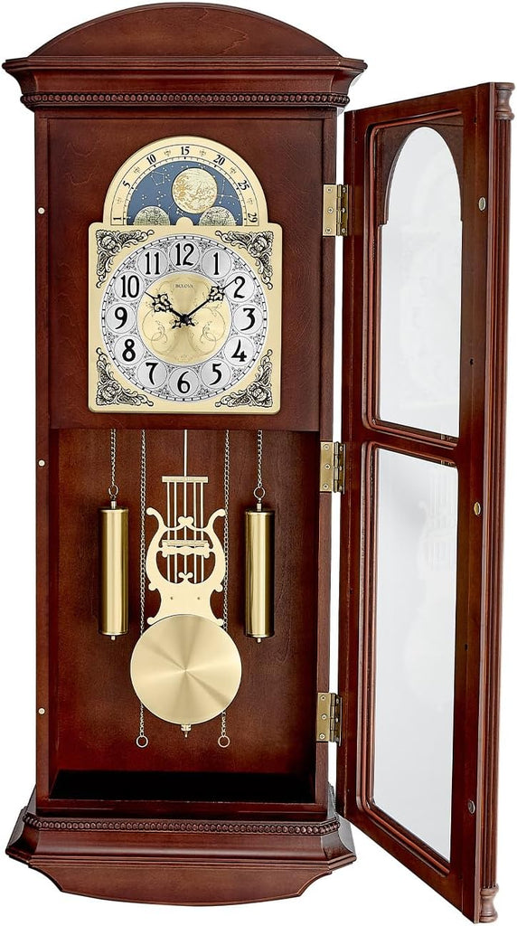Bulova Litchfield Large Regulator Wall Clock, Model C4332 - Classic Pendulum Design - Harmonic Hourly Chime - Brown Cherry Finish