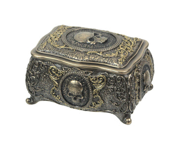 3 1/8 Inch Skull Brooch Victorian Trinket Box Cold Cast Resin Bronze Finish Statue Home Decor