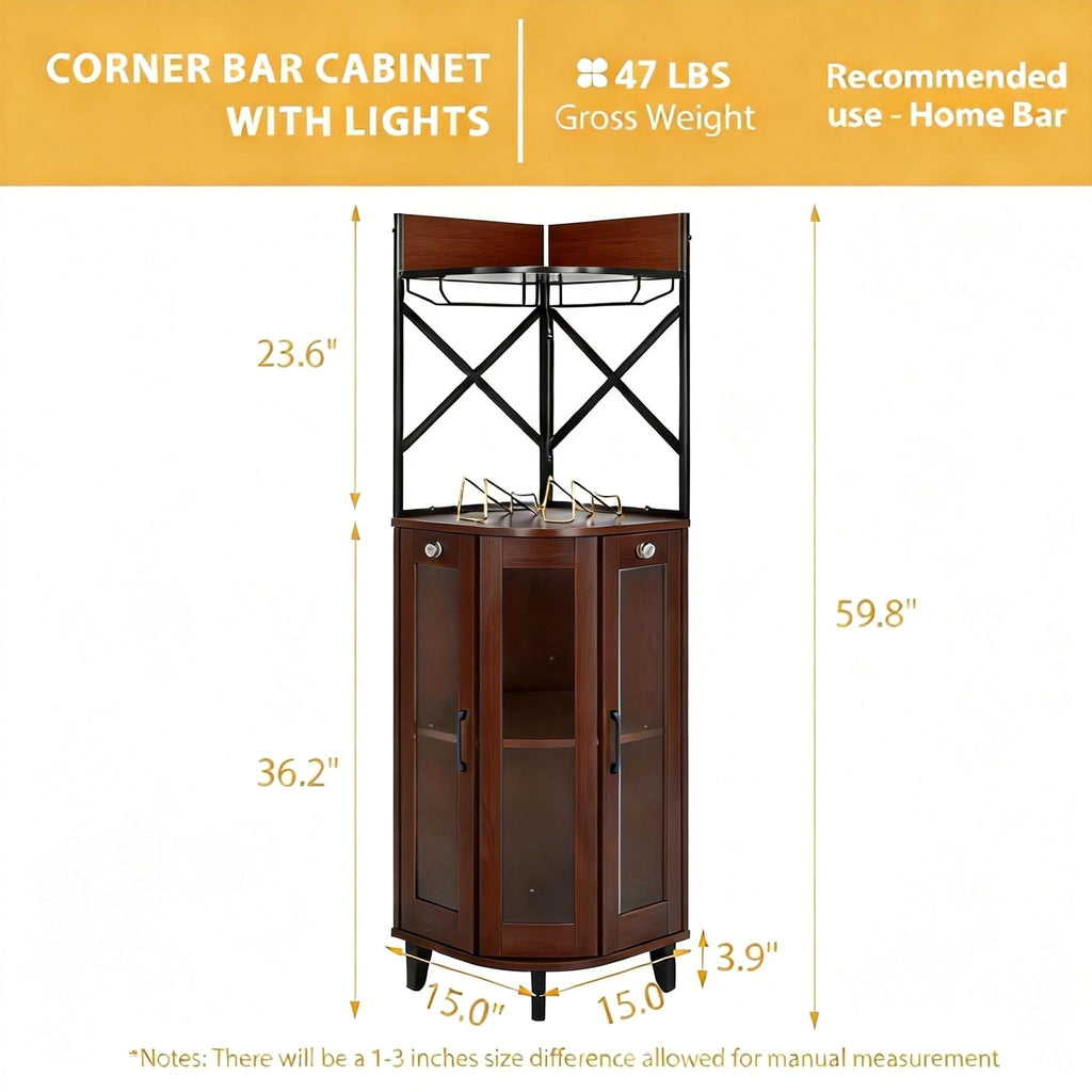 Walnut Corner Wine Cabinet, Lockable Glass Door with LED Light
