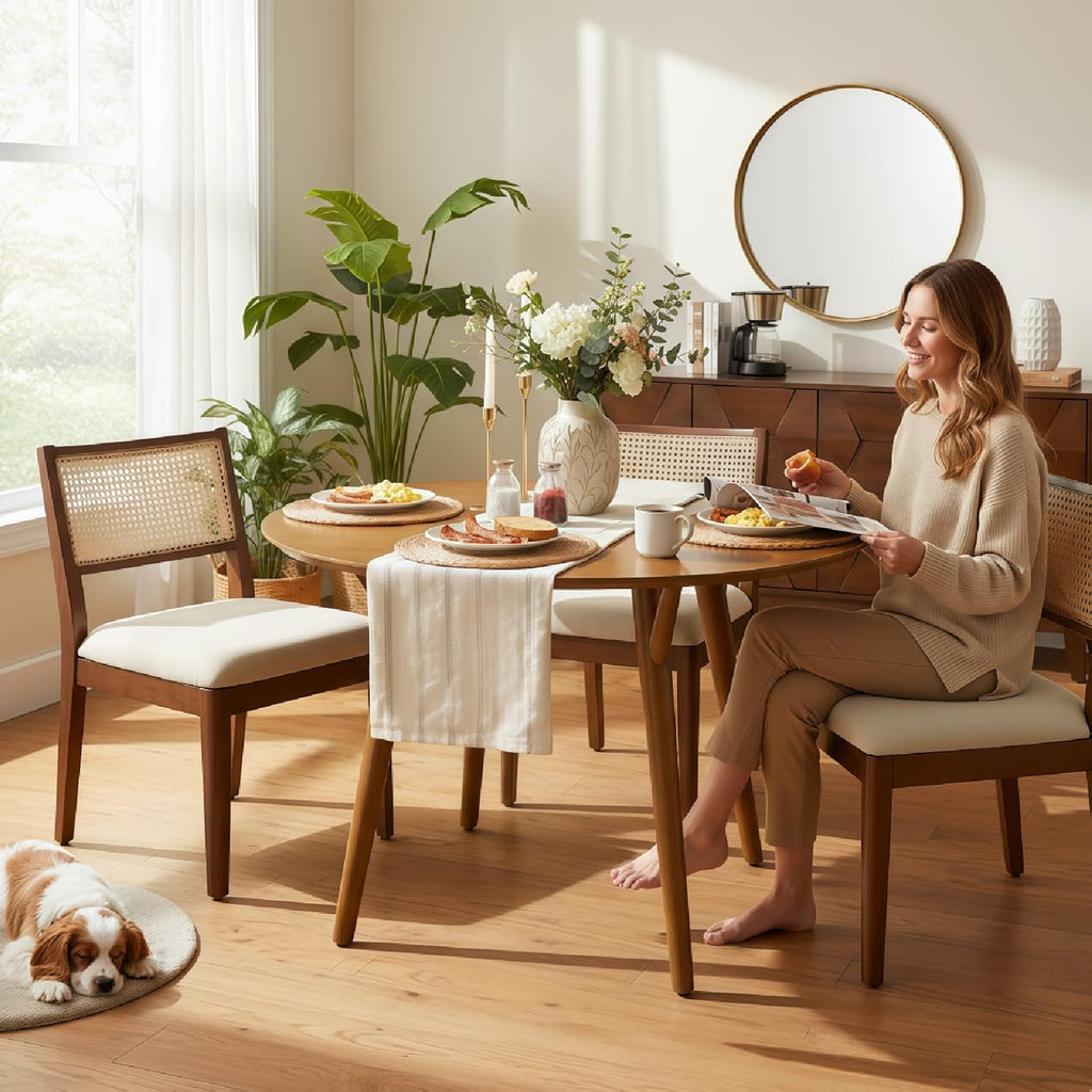 Round Dining Table for 4, 45” Solid Wood Kitchen Dining Room Table, Small Dinner Coffee Writing Table for Kitchen