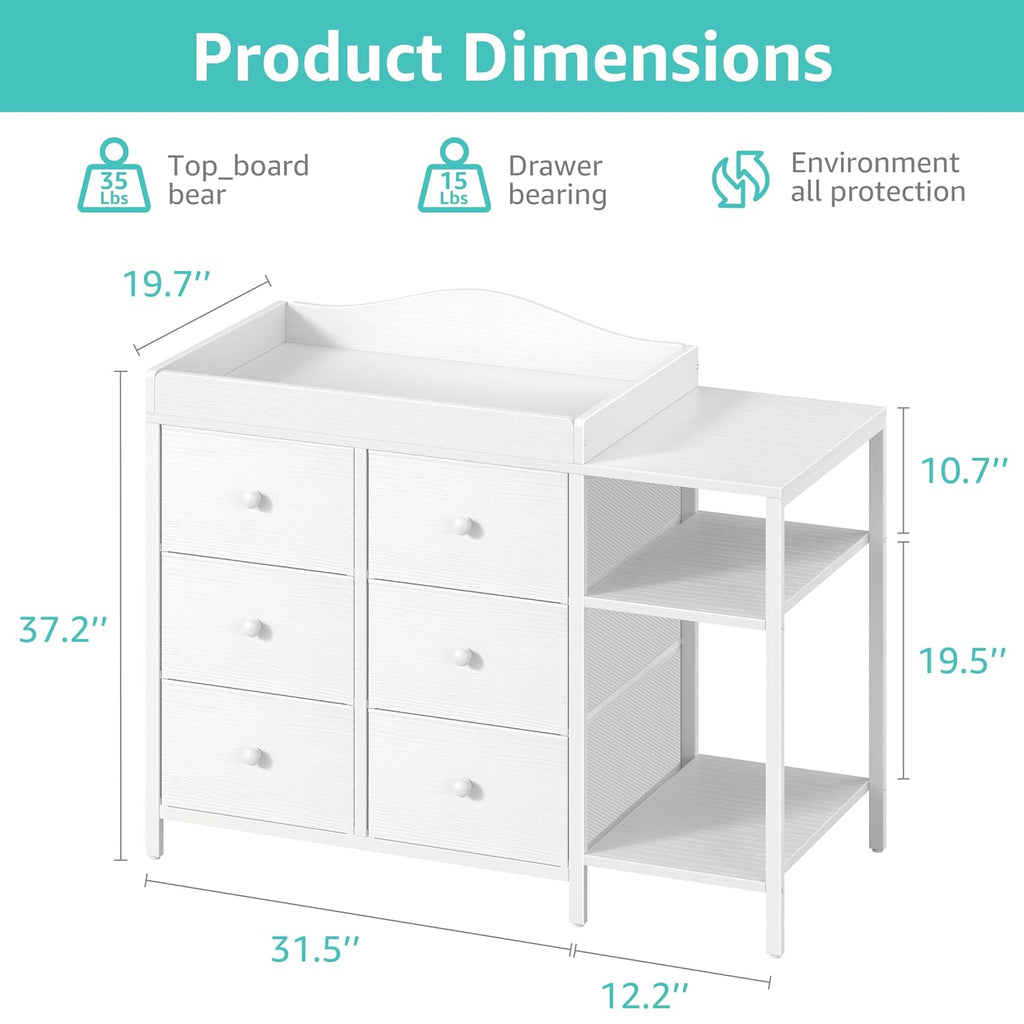 Baby Dresser with Changing Table Top, White Changing Table Dresser with 6 Fabric Drawers Diaper Changing Station with