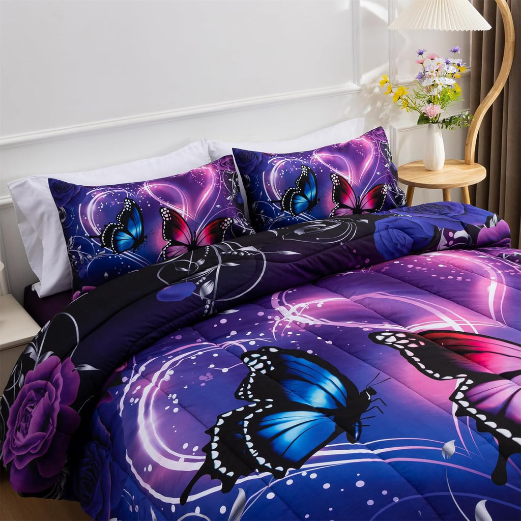 A Nice Night Galaxy 6pcs Bed in a Bag Purple and Blue Dreamy 3D Butterfly Printed
