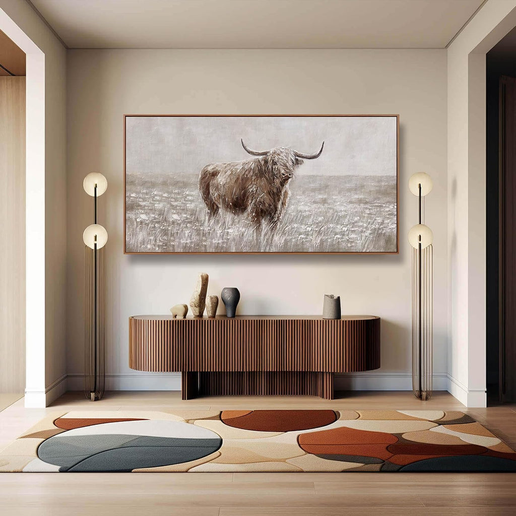 Farmhouse Highland Cow Wall Decor on Canvas with Framed Large Landscape Brown Artwork Living Room Office Decor