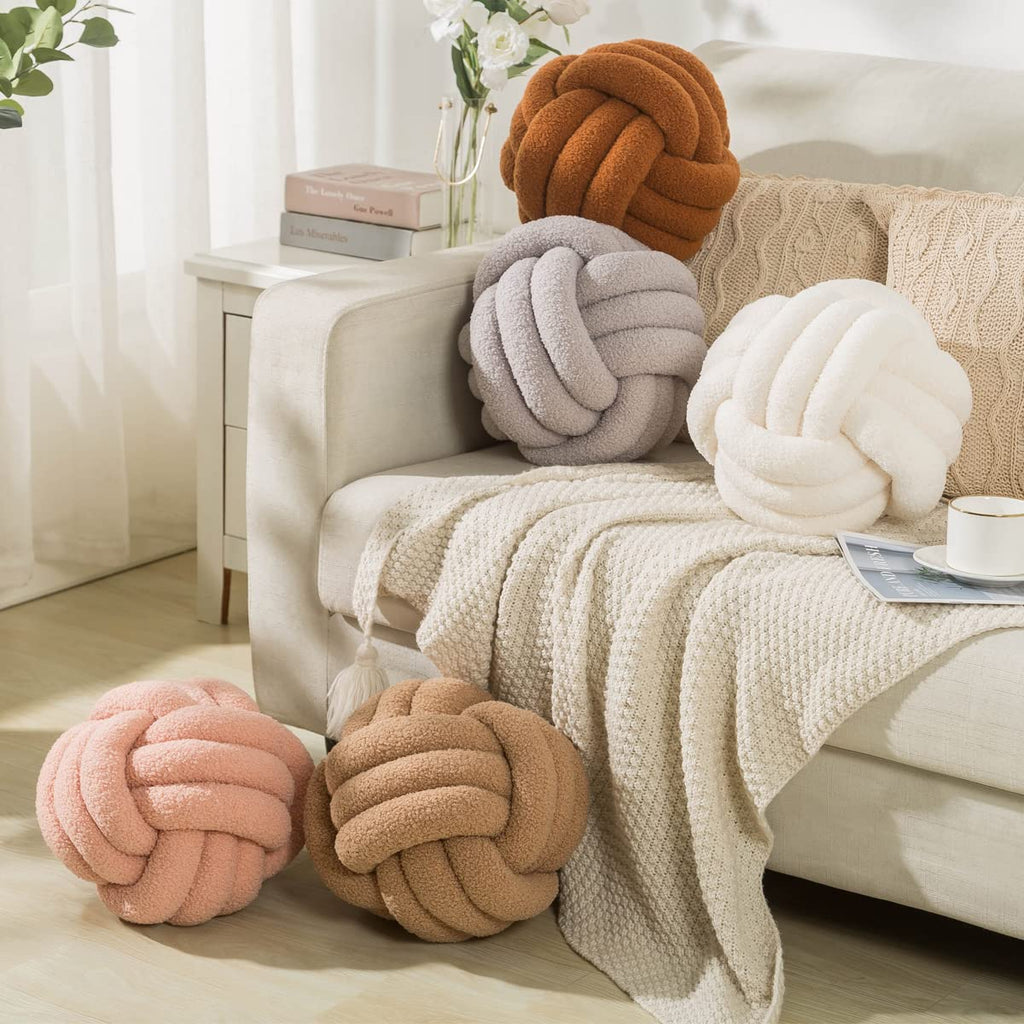 Knot Pillow Ball 9.8inch Round White Knot Pillow Soft Home Decorative Pillow Boucle Circle Knotted Pillow Handmade