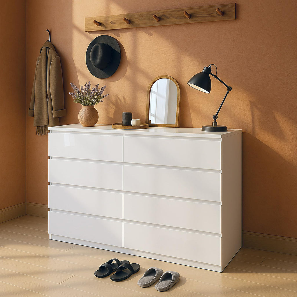8 Drawer Dresser 55" Wide White Wood Modern Chest