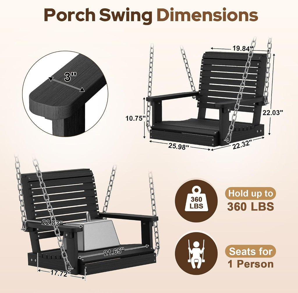 HDPE Single Outdoor Porch Swing, 360 LBS Hanging Swing Chair, Black | All-Weather & Fade Resistant, Adjustable