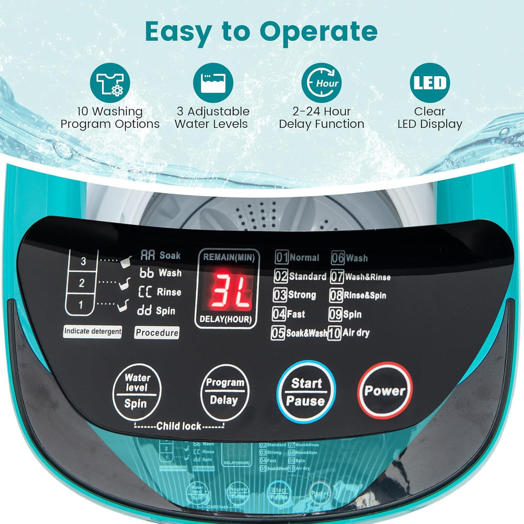 7.7 Lbs Portable Washing Machine, 0.78 Cu.ft Full Automatic Laundry Machine with 10 Preset Programs, 3 Water Levels
