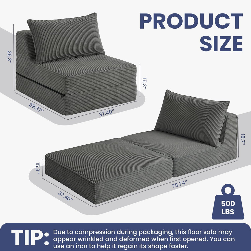 Oversized Folding Sofa Bed,Convertible Sleeper Chair Couch Bed with Pillow,Corduroy Floor Foldable Futon Bed,Comfy