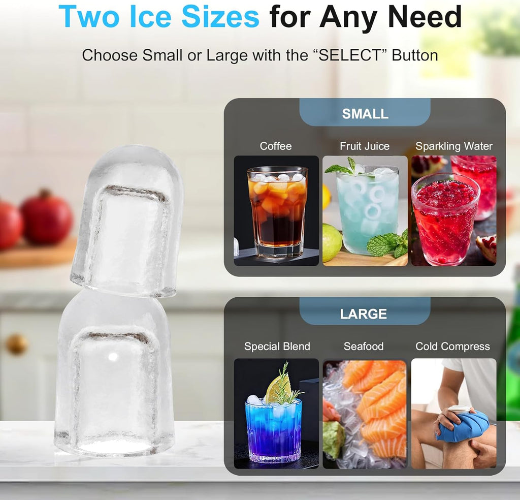 Countertop Ice Maker with 1.2L Top Water Tank, 8 Bullet Cubes in 6 Mins, 26.5lbs in 24Hrs, 2 Ice Sizes, Self-Cleaning